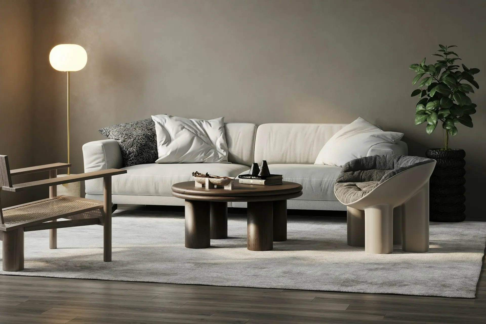 a living room with a couch, chair and table